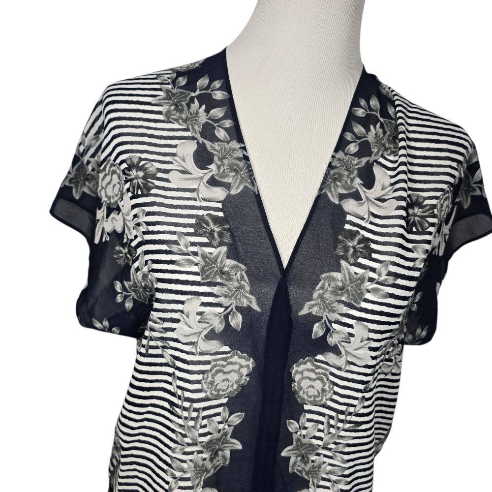 Cabi Size Small Blue White Gray Floral Striped Sheer Blouse - Picture 2 of 7